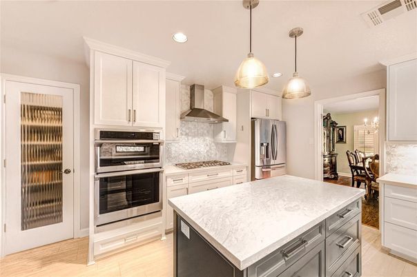 Interior, Kitchen, Pendant Lights, Recessed Lighting, Stainless Steel Appliances, Wood Texture Flooring