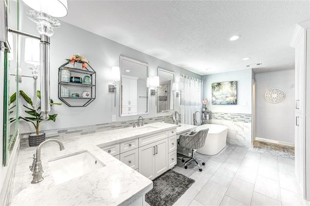 Bathroom, Dual Sink Vanities, Interior, Marble, Recessed Lighting