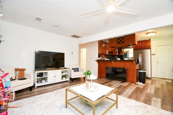 Interior, Kitchen, Living room, Stainless Steel Appliances, Wood Texture Flooring