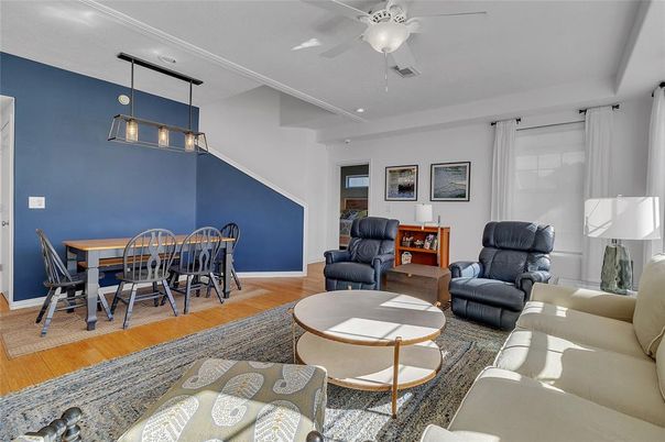 Dining room, Interior, Living room, Pendant Lights, Wood Texture Flooring