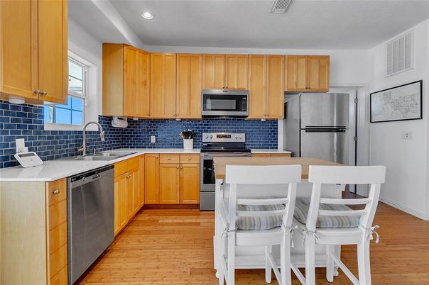Interior, Kitchen, Recessed Lighting, Stainless Steel Appliances, Wood Texture Flooring