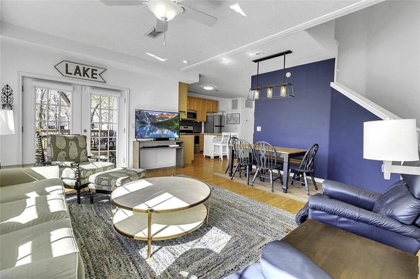 Dining room, Interior, Kitchen, Living room, Pendant Lights, Recessed Lighting, Stainless Steel Appliances, Wood Texture Flooring