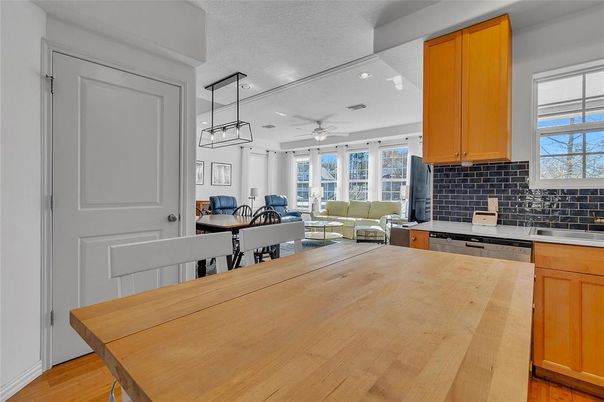 Dining room, Interior, Kitchen, Living room, Pendant Lights, Recessed Lighting, Wood Texture Flooring