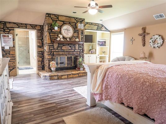 Bedroom, Fireplace, Interior, Stone Walls, Wood Texture Flooring