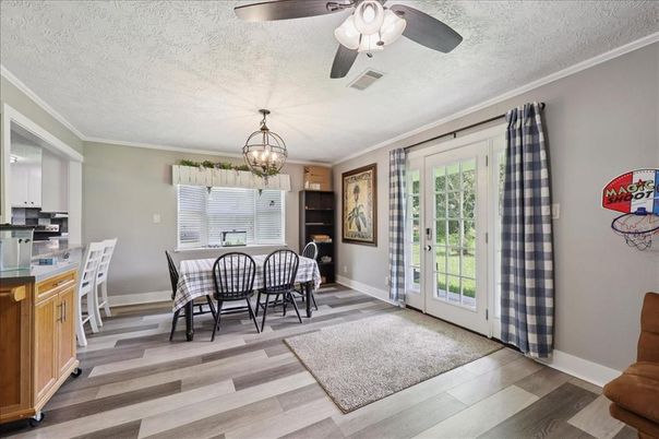 Chandelier, Dining room, Interior, Wood Texture Flooring