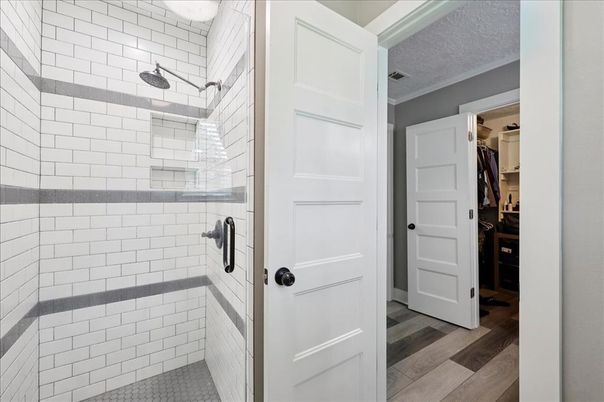 Bathroom, Glass Shower, Interior, Walk-in Closets, Wood Texture Flooring
