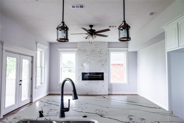 Fireplace, Interior, Marble, Pendant Lights, Recessed Lighting