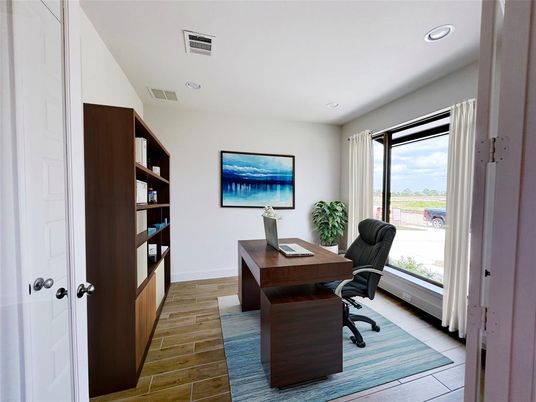 Home Office, Interior, Recessed Lighting, Wood Texture Flooring