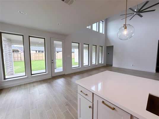Empty room, Interior, Pendant Lights, Recessed Lighting, Wood Texture Flooring