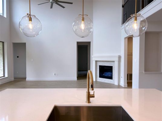 Fireplace, Interior, Pendant Lights, Wood Texture Flooring