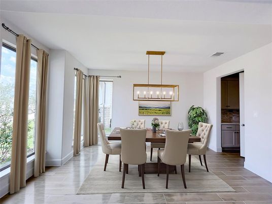 Dining room, Interior, Pendant Lights, Wood Texture Flooring