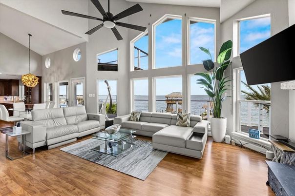 Dining room, Interior, Living room, Pendant Lights, Water, Wood Texture Flooring