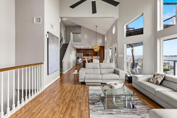 Interior, Kitchen, Living room, Pendant Lights, Water, Wood Texture Flooring