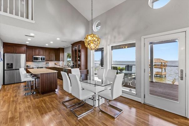 Dining room, Interior, Kitchen, Pendant Lights, Recessed Lighting, Stainless Steel Appliances, Water, Wood Texture Flooring