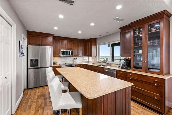 Interior, Kitchen, Recessed Lighting, Stainless Steel Appliances, Wood Texture Flooring