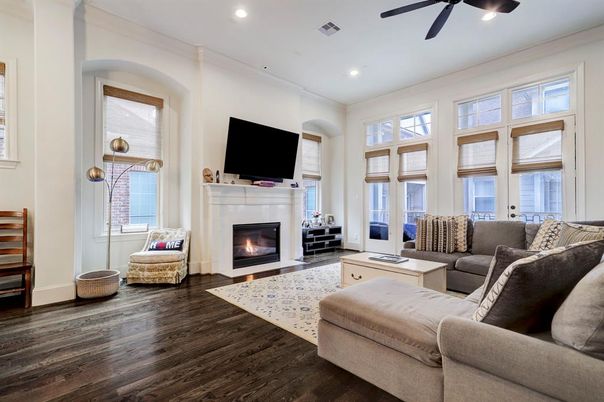 Fireplace, Interior, Living room, Recessed Lighting, Wood Texture Flooring