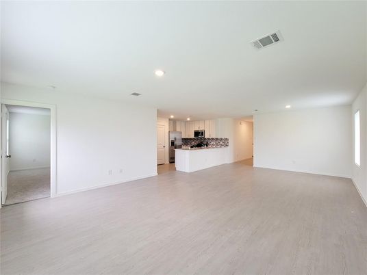 Empty room, Interior, Kitchen, Recessed Lighting, Wood Texture Flooring