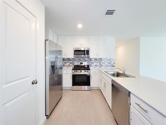 Interior, Kitchen, Recessed Lighting, Stainless Steel Appliances, Wood Texture Flooring