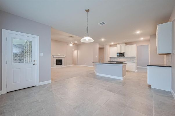 Empty room, Fireplace, Interior, Kitchen, Pendant Lights, Recessed Lighting