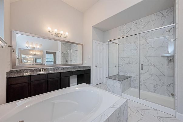 Bathroom, Dual Sink Vanities, Glass Shower, Interior, Marble, Marble Walls