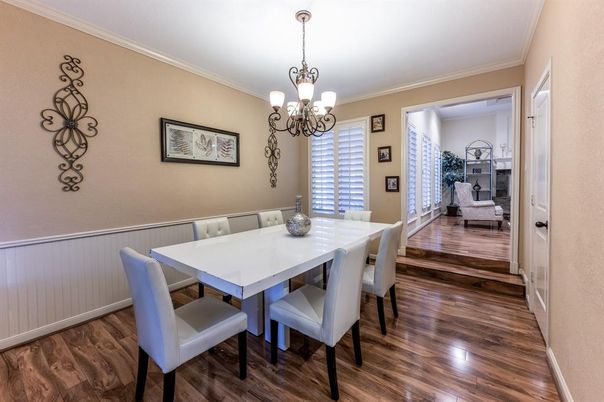 Chandelier, Dining room, Interior, Wood Texture Flooring