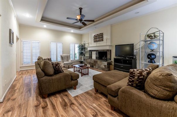 Fireplace, Interior, Living room, Recessed Lighting, Wood Texture Flooring