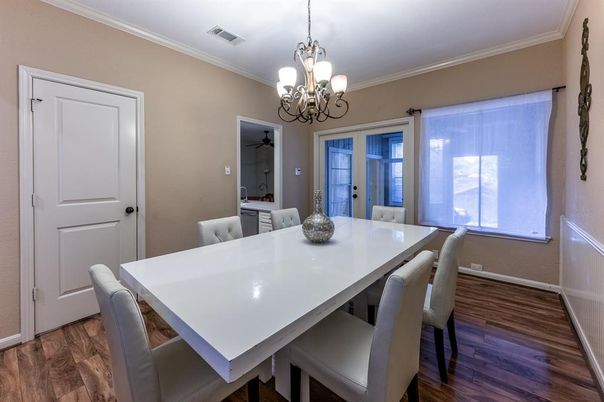 Chandelier, Dining room, Interior, Wood Texture Flooring