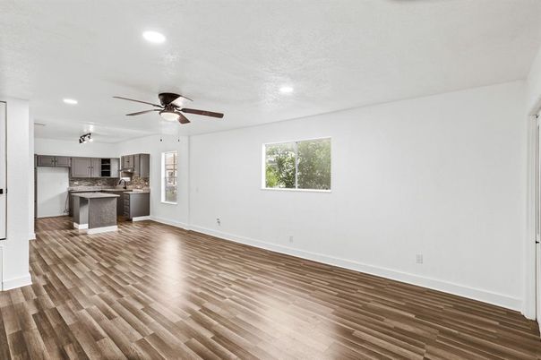 Empty room, Interior, Kitchen, Recessed Lighting, Wood Texture Flooring
