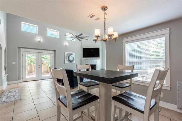 Dining room, Fireplace, Interior, Pendant Lights