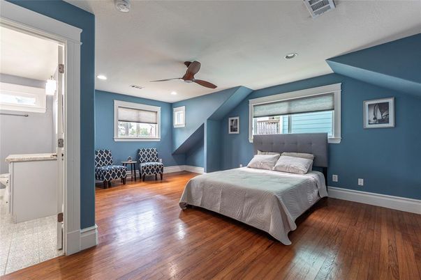 Bedroom, Interior, Recessed Lighting, Wood Texture Flooring