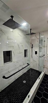 Bathroom, Glass Shower, Interior, Marble Walls, Recessed Lighting