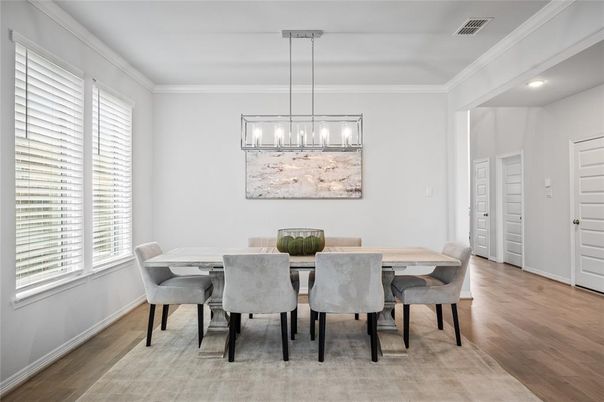 Dining room, Interior, Pendant Lights, Recessed Lighting, Wood Texture Flooring