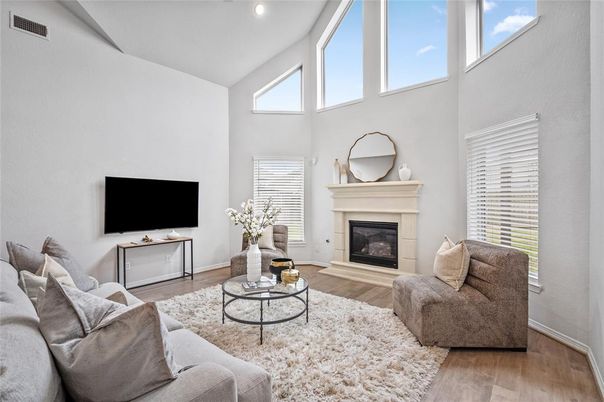 Fireplace, Interior, Living room, Recessed Lighting, Wood Texture Flooring