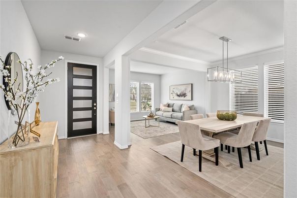 Chandelier, Dining room, Interior, Living room, Recessed Lighting, Wood Texture Flooring