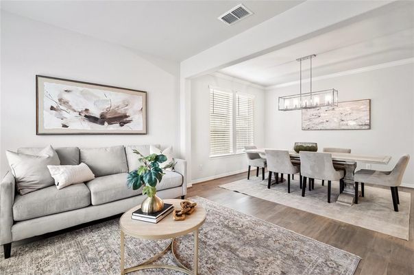 Dining room, Interior, Living room, Pendant Lights, Wood Texture Flooring