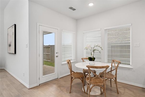 Dining room, Interior, Recessed Lighting, Wood Texture Flooring
