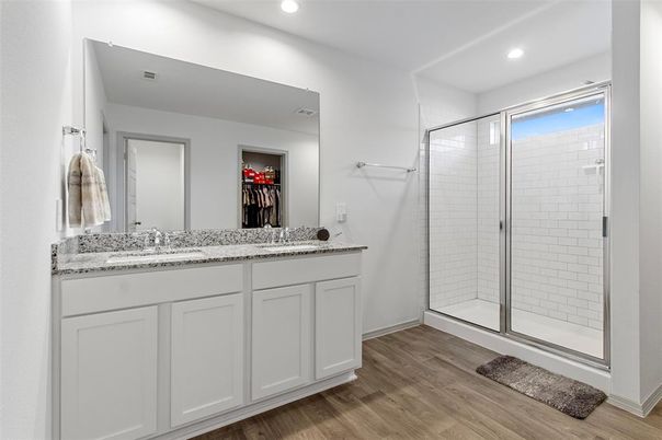 Bathroom, Glass Shower, Interior, Recessed Lighting, Wood Texture Flooring