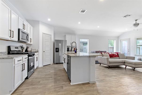 Interior, Kitchen, Living room, Recessed Lighting, Stainless Steel Appliances, Wood Texture Flooring