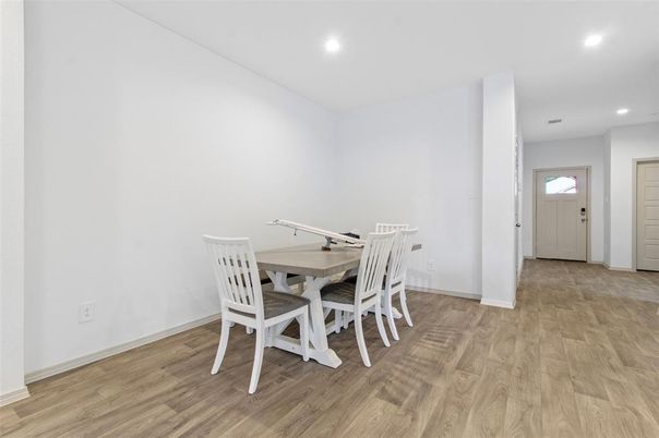 Dining room, Interior, Recessed Lighting, Wood Texture Flooring