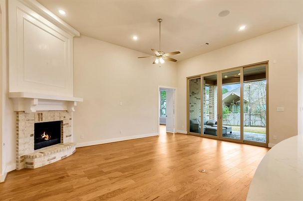 Empty room, Fireplace, Interior, Recessed Lighting, Wood Texture Flooring