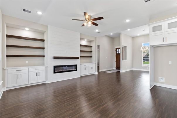 Empty room, Fireplace, Interior, Recessed Lighting, Wood Texture Flooring