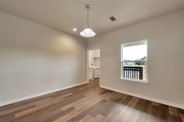 Empty room, Interior, Pendant Lights, Recessed Lighting, Washer, Wood Texture Flooring