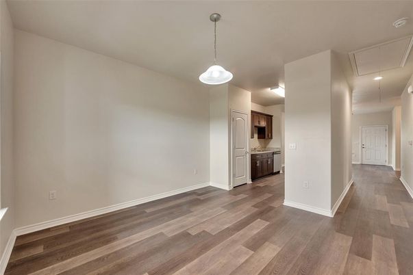 Empty room, Interior, Kitchen, Pendant Lights, Recessed Lighting, Wood Texture Flooring