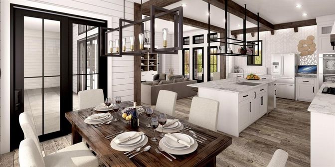 Dining room, Interior, Kitchen, Living room, Pendant Lights, Recessed Lighting, Wooden Beams, Wood Texture Flooring