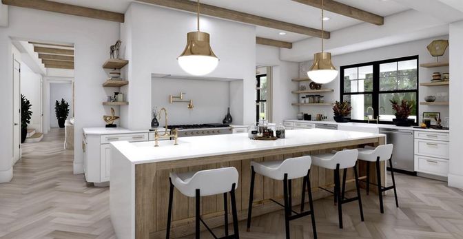 Interior, Kitchen, Pendant Lights, Recessed Lighting, Stainless Steel Appliances, Wooden Beams, Wood Texture Flooring