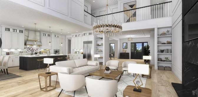 Interior, Kitchen, Living room, Pendant Lights, Recessed Lighting, Wood Texture Flooring