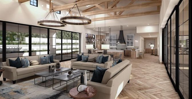 Interior, Living room, Pendant Lights, Recessed Lighting, Wooden Beams, Wood Texture Flooring