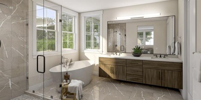 Bathroom, Dual Sink Vanities, Free Standing Baths, Glass Shower, Interior, Marble Walls