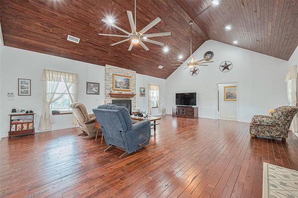 Fireplace, Interior, Living room, Recessed Lighting, Wooden Ceilings, Wood Texture Flooring