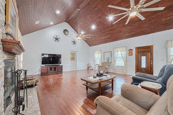 Fireplace, Interior, Living room, Recessed Lighting, Wooden Ceilings, Wood Texture Flooring